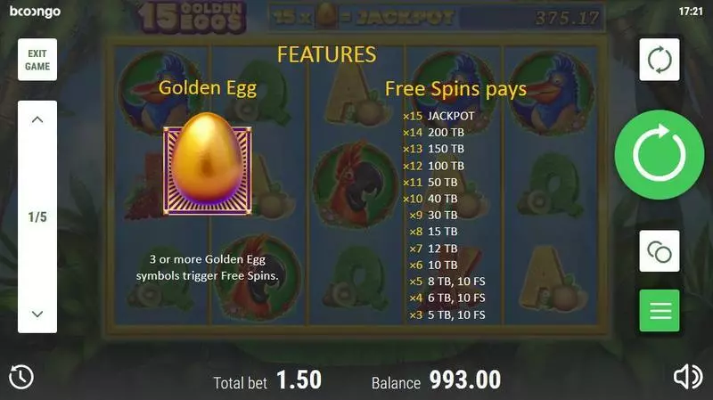 15 Golden Eggs Booongo Slot Free Spins Feature