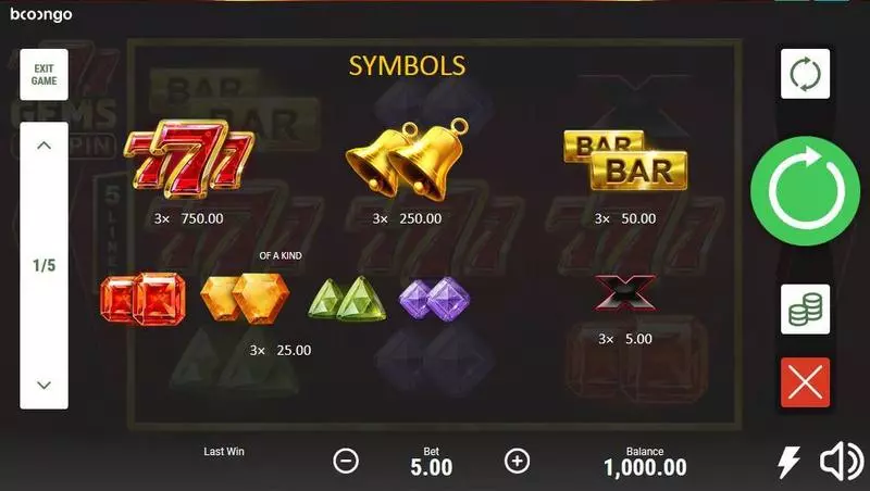 777 Gems: Respin Booongo Slot Paytable