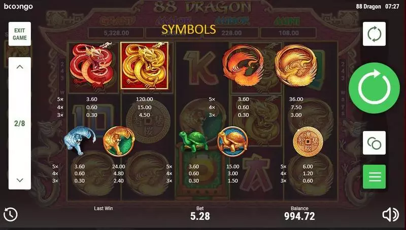 88 Dragon Booongo Slot Paytable