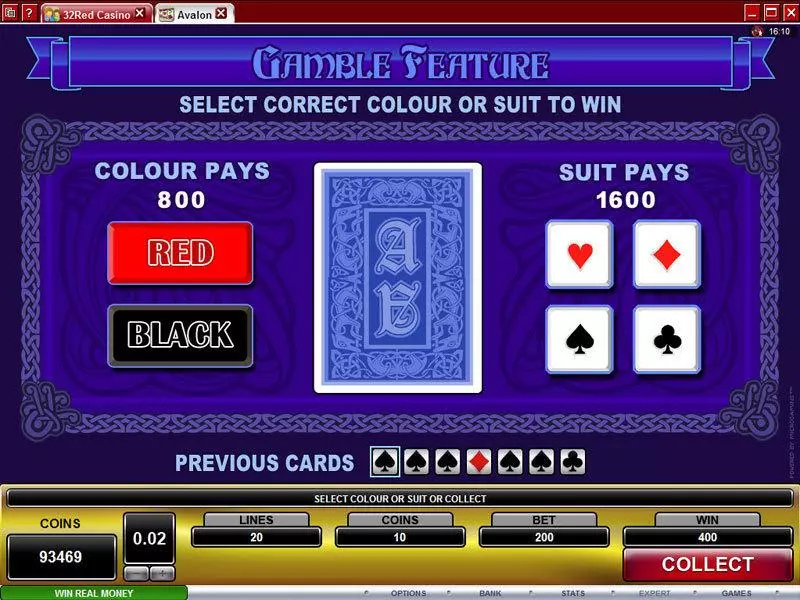 Avalon Microgaming Slot Gamble Screen