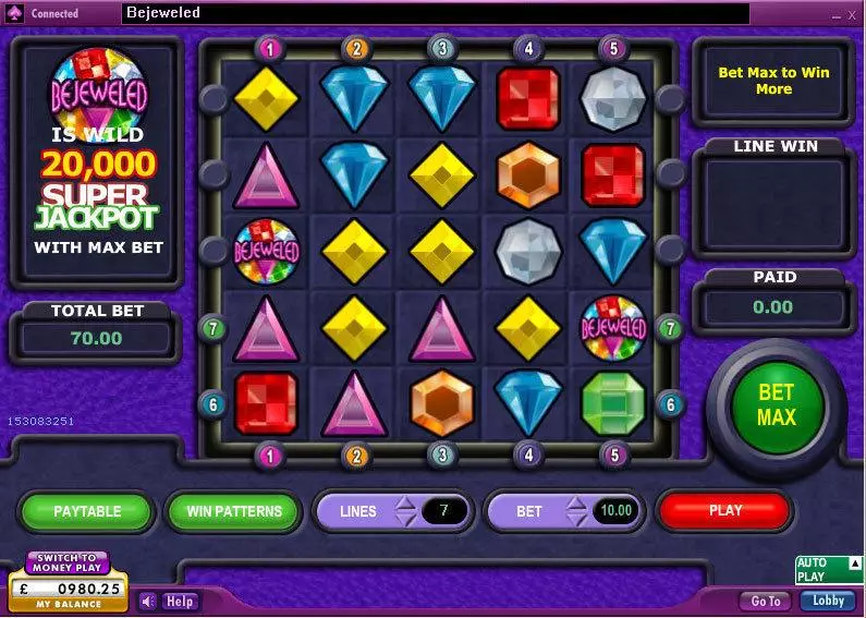 Bejeweled 888 Slot Main Screen Reels