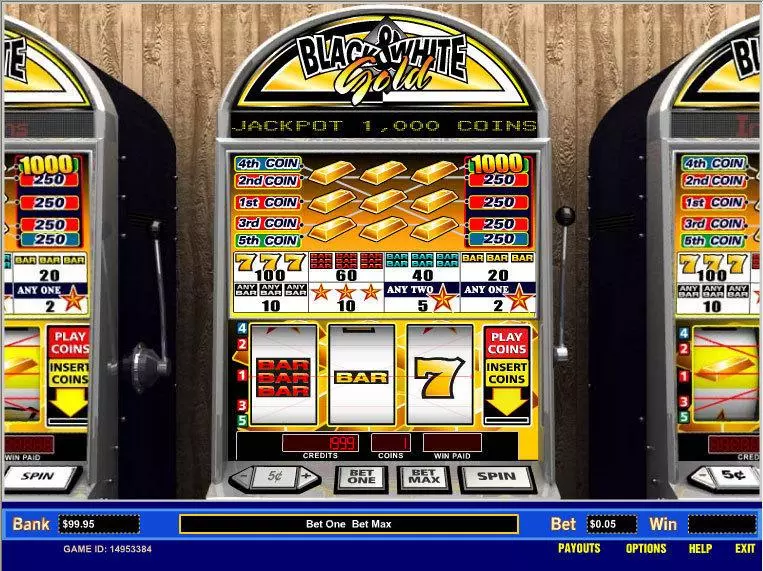 Black and White Gold 5 Line Parlay Slot Main Screen Reels