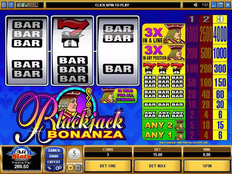 Blackjack Bonanza Microgaming Slot Main Screen Reels