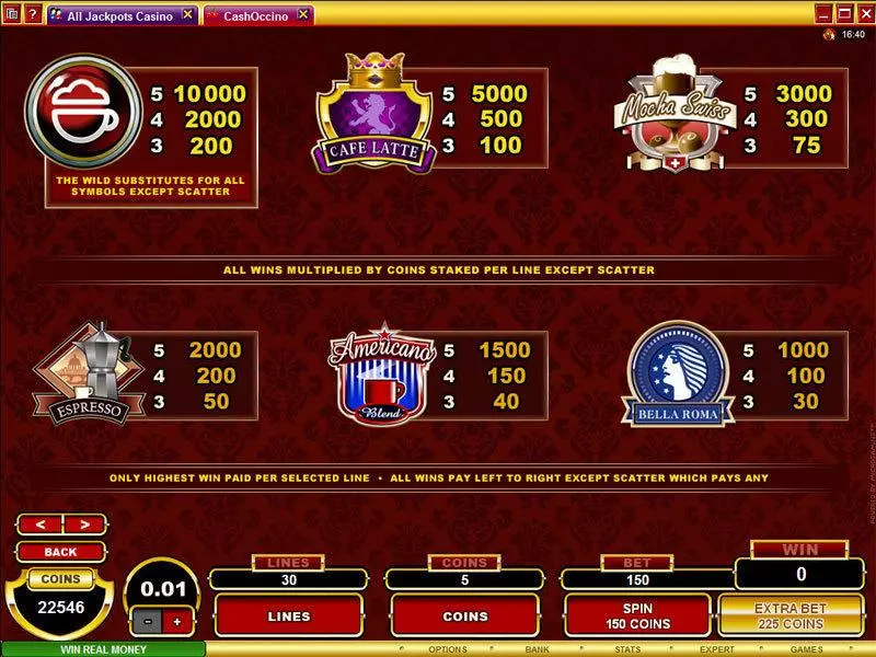 CashOccino Microgaming Slot Info and Rules