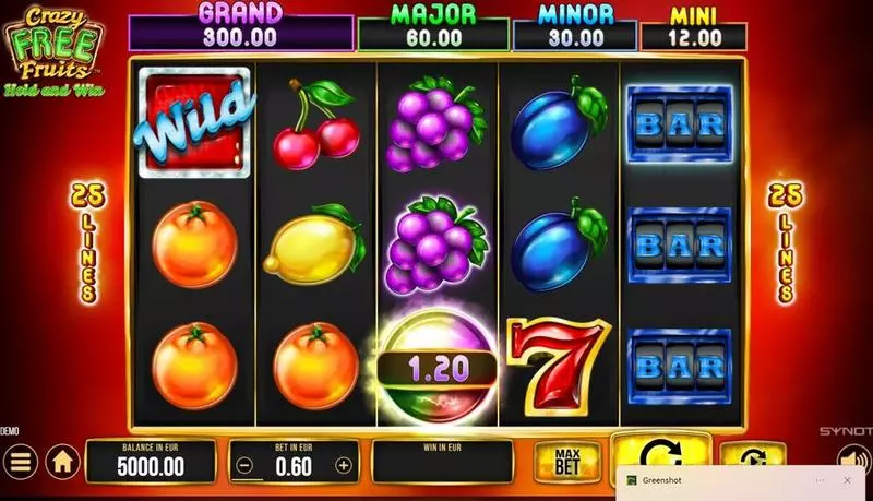 Crazy Free Fruits Synot Games Slot Main Screen Reels