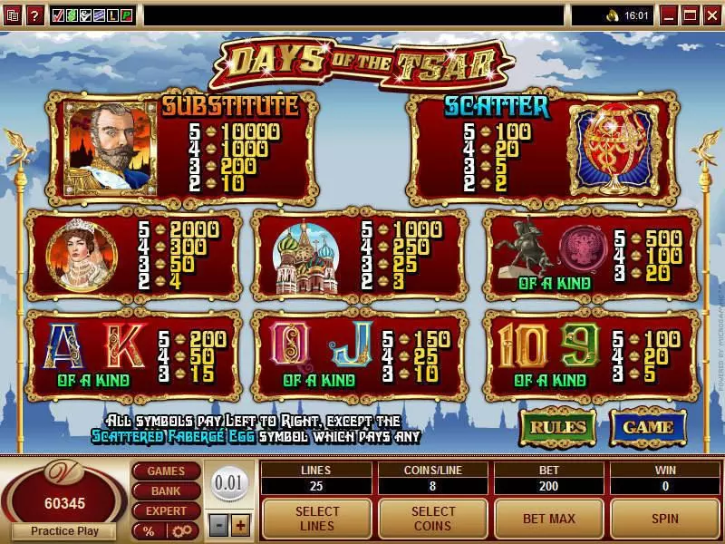 Days of the Tsar Microgaming Slot Info and Rules