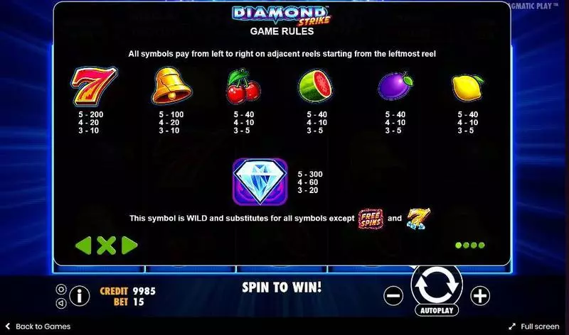 Diamond Strike Pragmatic Play Slot Paytable