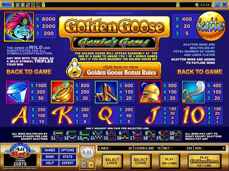 Golden Goose - Genie's Gems Microgaming Slot Info and Rules