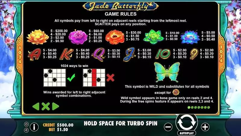 Jade Butterfly Pragmatic Play Slot Paytable