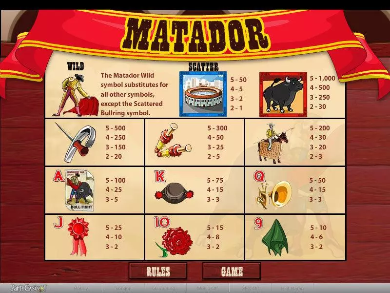 Matador bwin.party Slot Info and Rules
