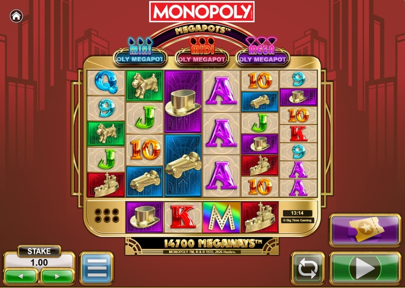 Monopoly Megapots Big Time Gaming Slot Main Screen Reels