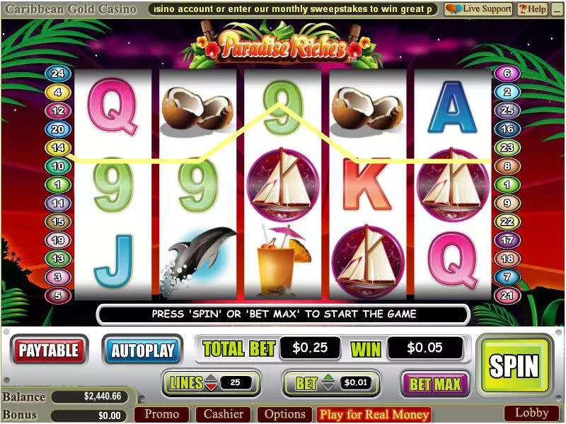 Paradise Riches WGS Technology Slot Main Screen Reels