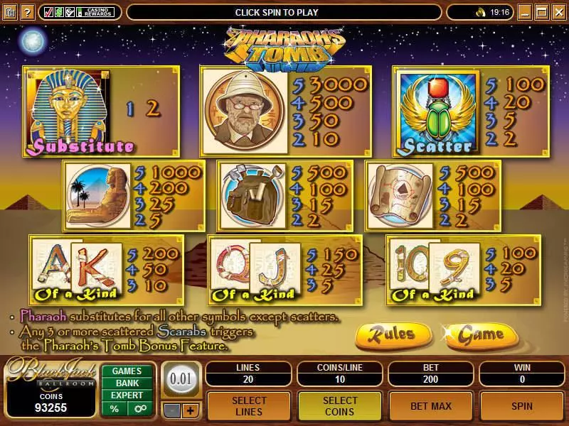 Pharaoh's Tomb Microgaming Slot Info and Rules