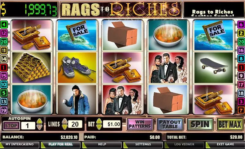 Rags to Riches 20 Lines CryptoLogic Slot Main Screen Reels