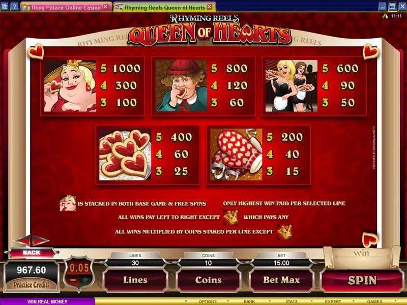 Rhyming Reels - Queen of Hearts Microgaming Slot Info and Rules