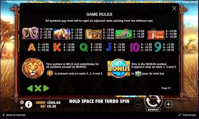 Safari King Pragmatic Play Slot Paytable