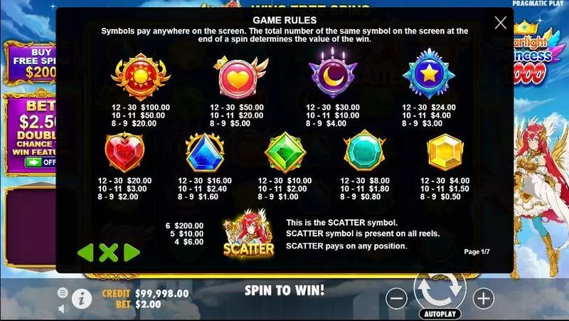 Starlight Princess 1000 Pragmatic Play Slot Paytable