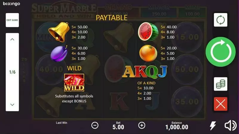 Super Marble Booongo Slot Paytable