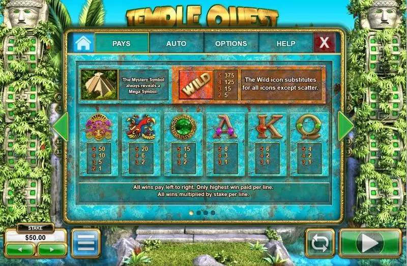 Temple Quest Spinfinity Big Time Gaming Slot Paytable