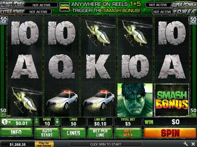 The Incredible Hulk 50 Line PlayTech Slot Main Screen Reels