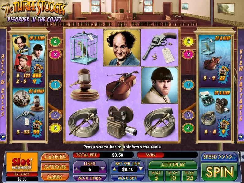 The Three Stooges Disorder in the Court NuWorks Slot Main Screen Reels