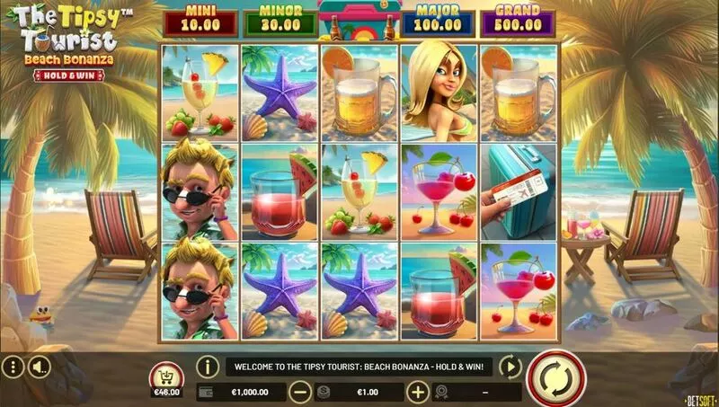 The Tipsy Tourist - Beach Bonanza - Hold & Win BetSoft Slot Main Screen Reels