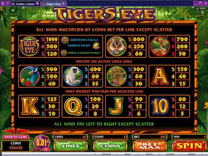 Tiger's Eye Microgaming Slot Info and Rules