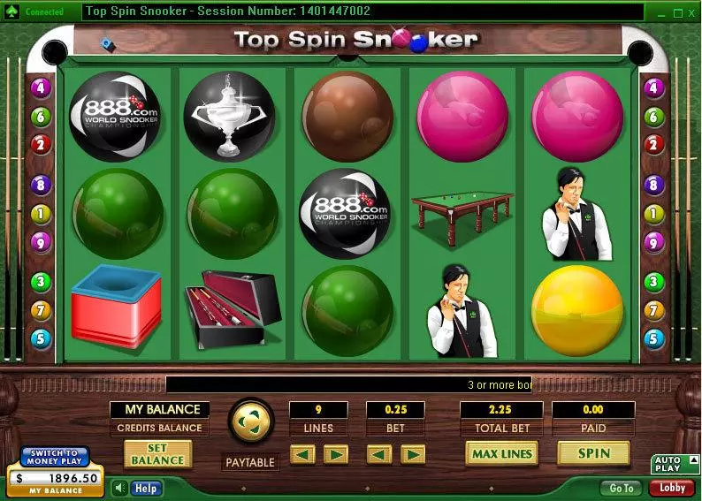 Top Spin Snooker 888 Slot Main Screen Reels