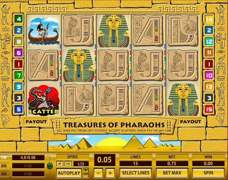Treasures of Pharaohs 15 Lines Topgame Slot Main Screen Reels