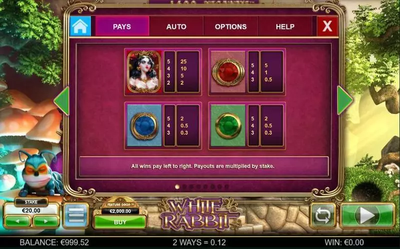 White Rabbit Big Time Gaming Slot Paytable