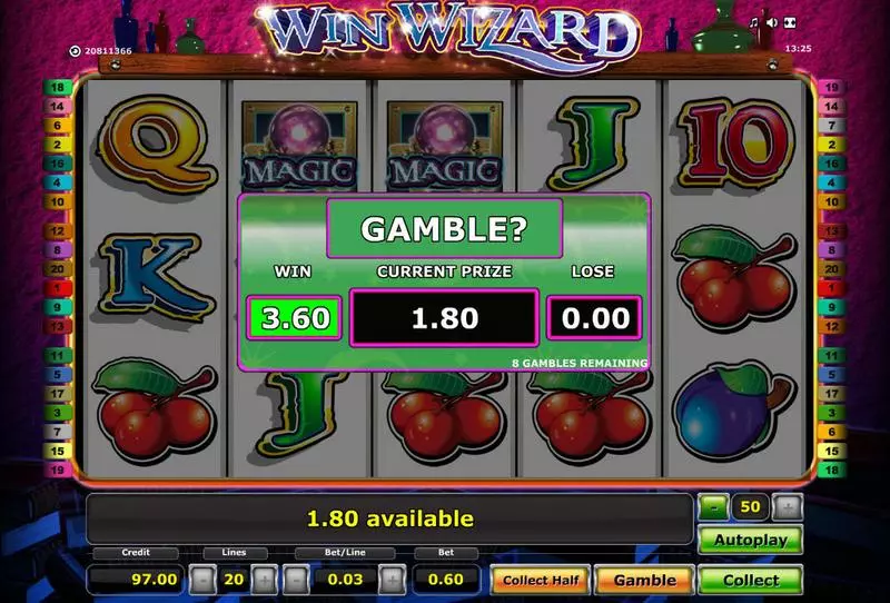 Win Wizard Novomatic Slot Gamble Screen